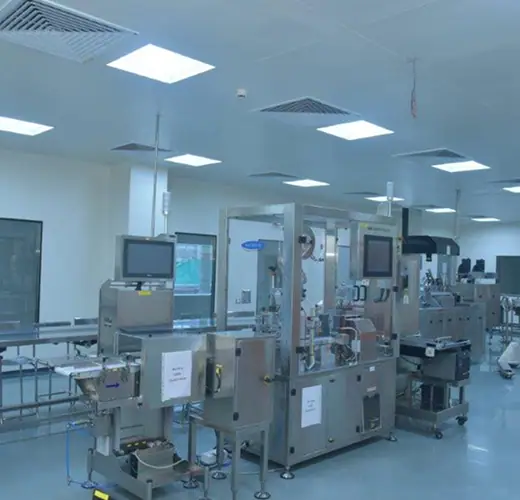 Cleanroom corridor inside the Brooks carbapenems manufacturing campus in Gujarat