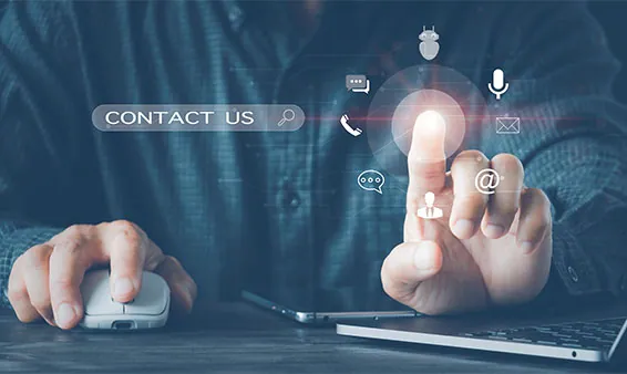 Hand reaching towards a glowing Contact Us interface surrounded by email, phone and messaging icons