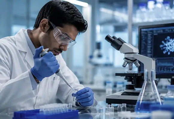 Steriscience scientist pipetting a sample into a test tube at an analytical workstation