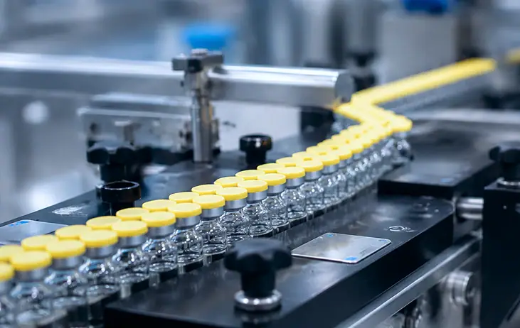 Sealed vials travelling along a Steriscience high-speed inspection and packing line